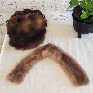 Vintage | Brown Fur Fox? Rabbit? Collar With Matching Drawstring Pouch Purse Bag